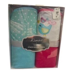 NEW L'amour by babykiss Baby Girl 2 Pack Hooded Towels Bird Polka Dot Nursery De